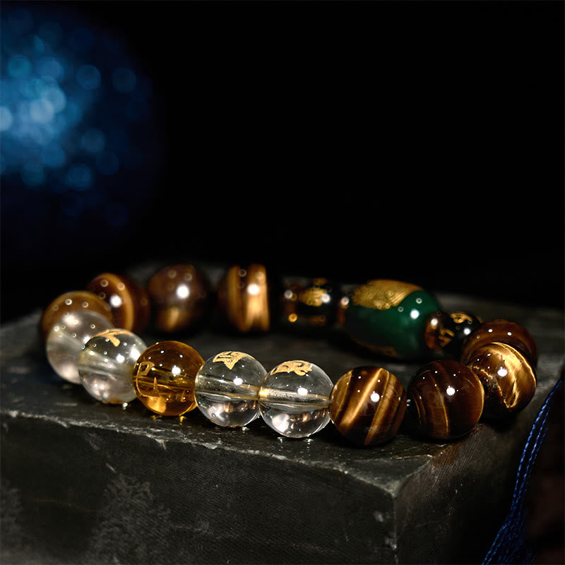 Pulsera de coraje de cristal blanco con ojo de tigre del zodíaco chino y piedras de Buda