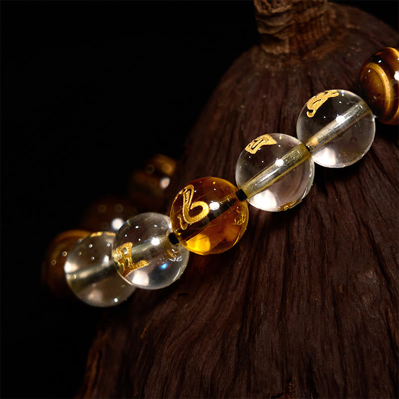 Pulsera de coraje de cristal blanco con ojo de tigre del zodíaco chino y piedras de Buda
