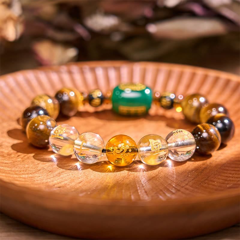 Pulsera de coraje de cristal blanco con ojo de tigre del zodíaco chino y piedras de Buda
