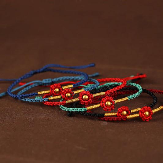 Buddha Stones 999 Gold Mini Bead Handmade Flower Design Luck Protection Rope Bracelet