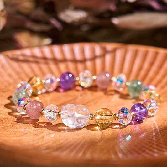 Buddha Stones PiXiu White Crystal Citrine Green Strawberry Quartz Amethyst Luck Bracelet