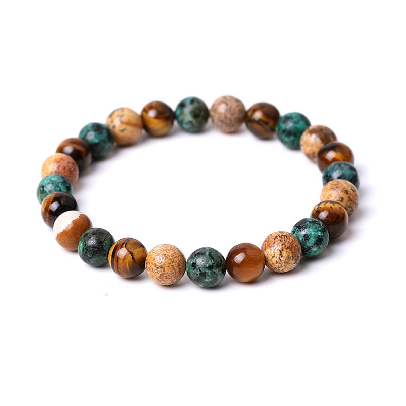 Pulsera protectora con cuentas de Buda, jaspe, turquesa, ojo de tigre y cuentas combinables.