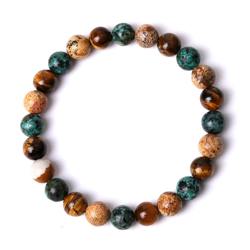 Pulsera protectora con cuentas de Buda, jaspe, turquesa, ojo de tigre y cuentas combinables.