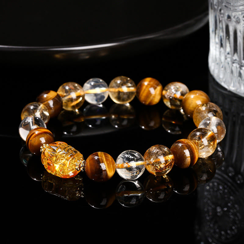 Pulsera de Pixiu de cera de abejas con citrino, ojo de tigre amarillo natural y piedras de Buda