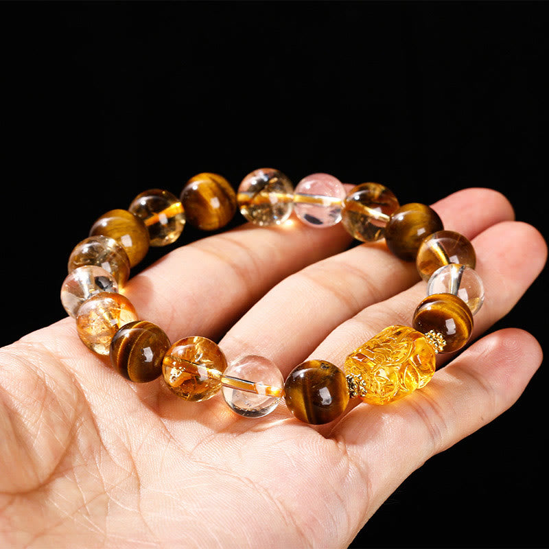 Pulsera de Pixiu de cera de abejas con citrino, ojo de tigre amarillo natural y piedras de Buda