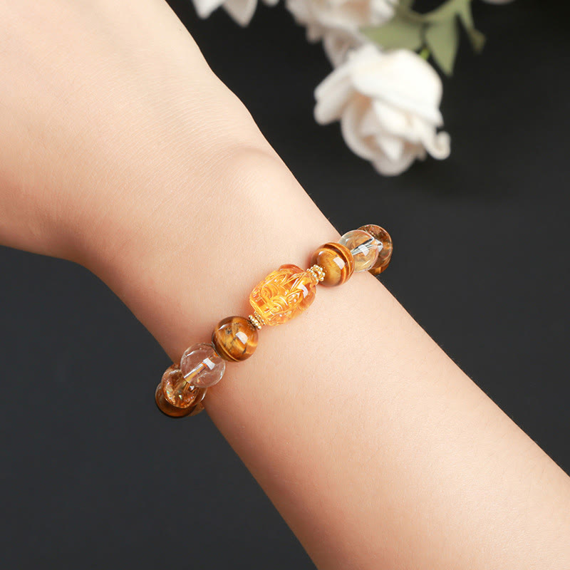 Pulsera de Pixiu de cera de abejas con citrino, ojo de tigre amarillo natural y piedras de Buda