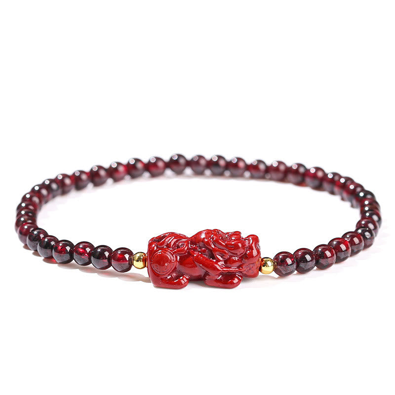 Pulsera protectora de cuentas cuadradas de cuarzo fresa PiXiu con piedras de Buda, granate y cinabrio