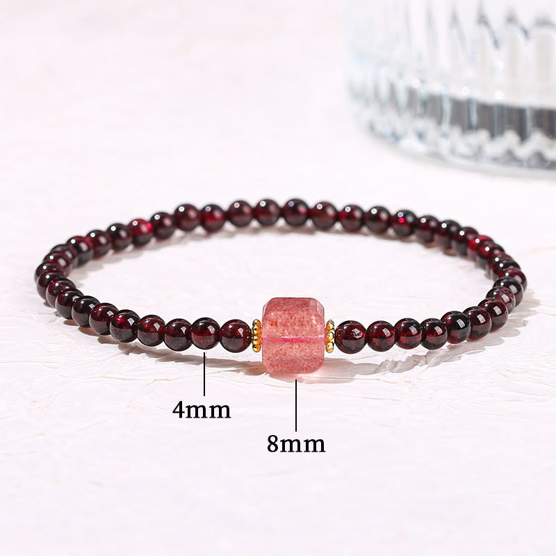 Pulsera protectora de cuentas cuadradas de cuarzo fresa PiXiu con piedras de Buda, granate y cinabrio