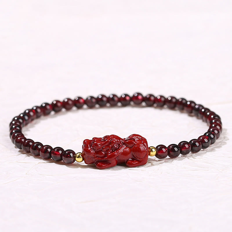 Pulsera protectora de cuentas cuadradas de cuarzo fresa PiXiu con piedras de Buda, granate y cinabrio
