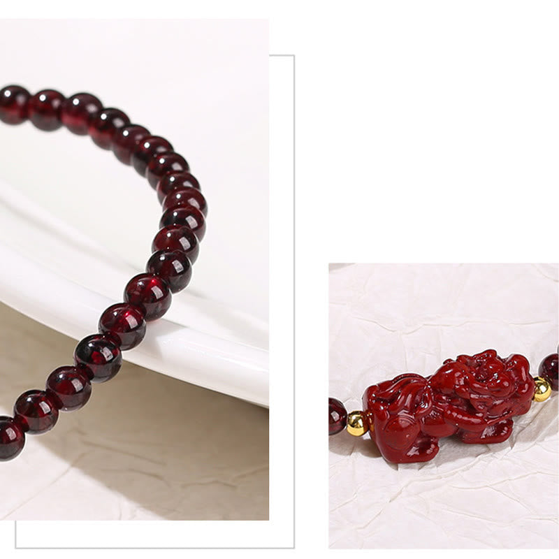 Pulsera protectora de cuentas cuadradas de cuarzo fresa PiXiu con piedras de Buda, granate y cinabrio
