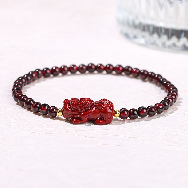 Pulsera protectora de cuentas cuadradas de cuarzo fresa PiXiu con piedras de Buda, granate y cinabrio
