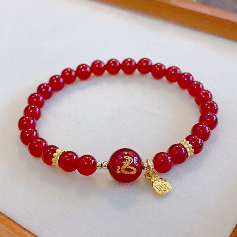 Pulsera de la Felicidad del Año de la Serpiente con Piedras de Buda, Ágata Roja y Cobre Chapado en Oro