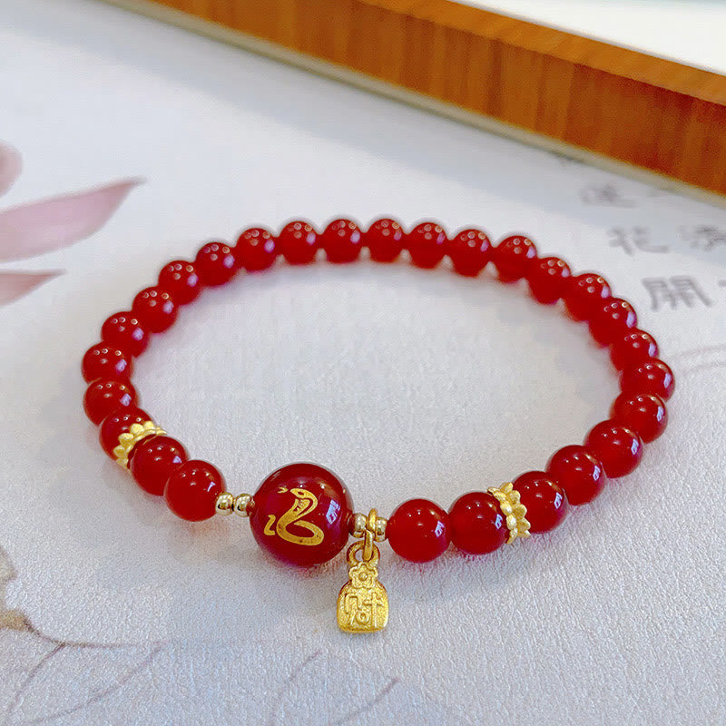 Pulsera de la Felicidad del Año de la Serpiente con Piedras de Buda, Ágata Roja y Cobre Chapado en Oro