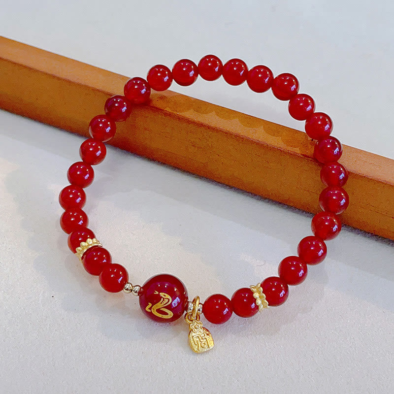 Pulsera de la Felicidad del Año de la Serpiente con Piedras de Buda, Ágata Roja y Cobre Chapado en Oro