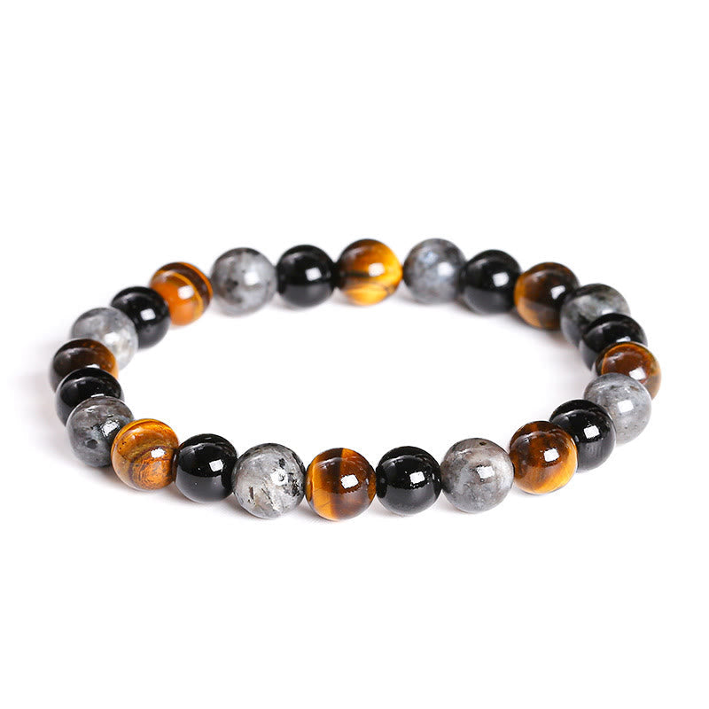 Pulsera de protección con piedras de Buda, ojo de tigre, piedra brillante negra, cuentas de vidrio negro, obsidiana copo de nieve, roca de lava y rodonita.