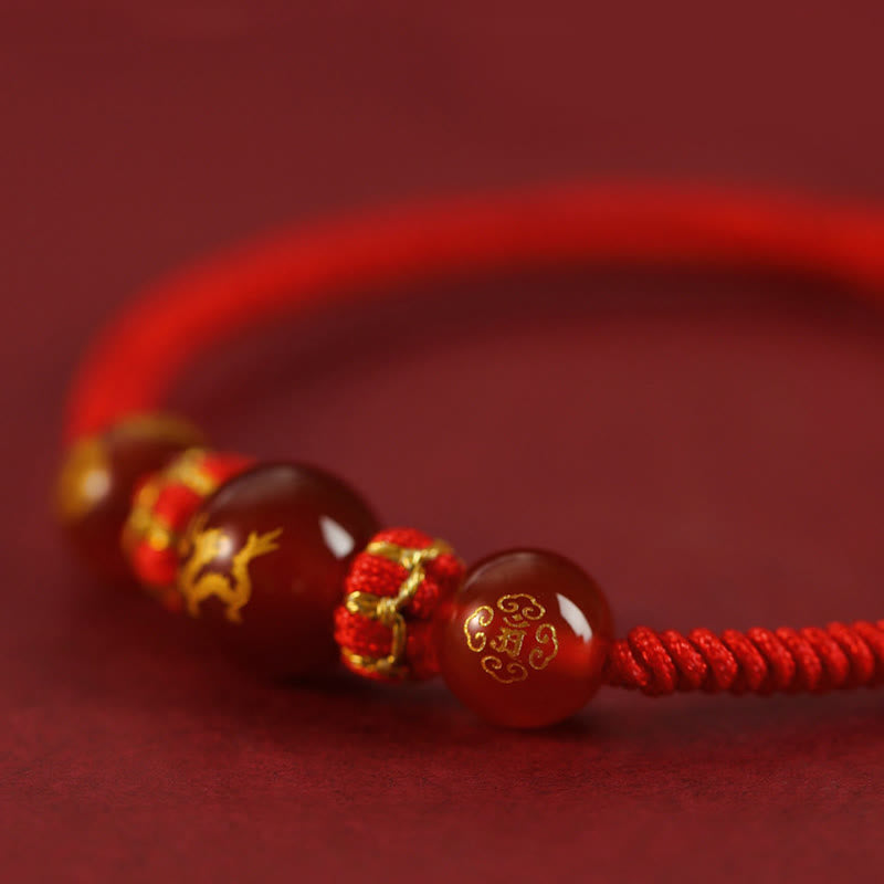 Buddha Stones Handgefertigtes rotes Achat-Schutzarmband mit chinesischem Sternzeichen und roter Schnur, geflochten
