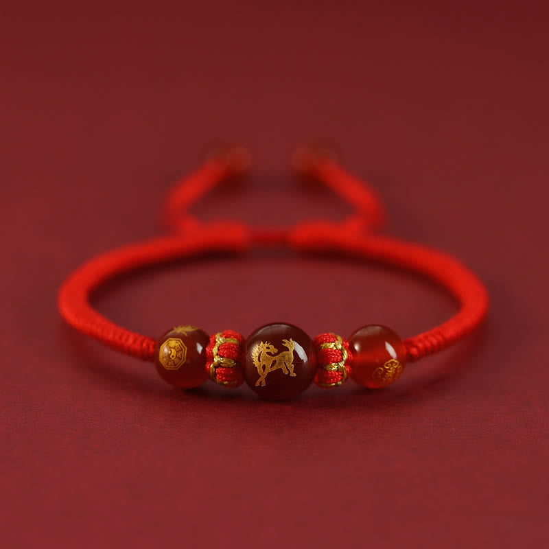 Buddha Stones Handgefertigtes rotes Achat-Schutzarmband mit chinesischem Sternzeichen und roter Schnur, geflochten