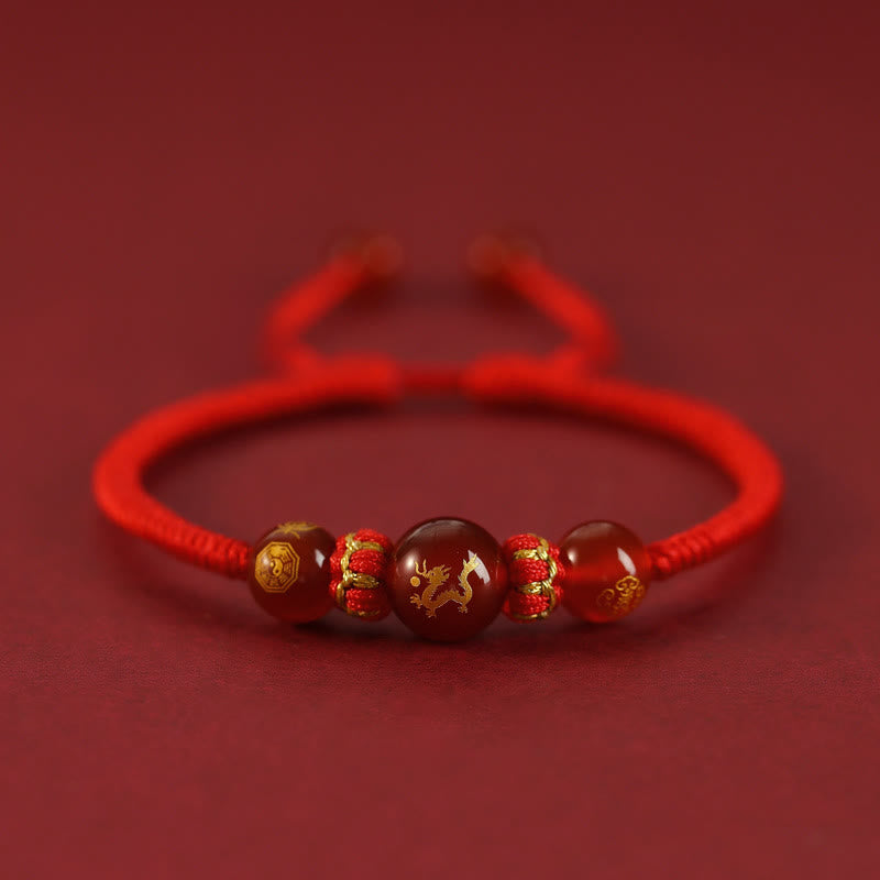 Buddha Stones Handgefertigtes rotes Achat-Schutzarmband mit chinesischem Sternzeichen und roter Schnur, geflochten