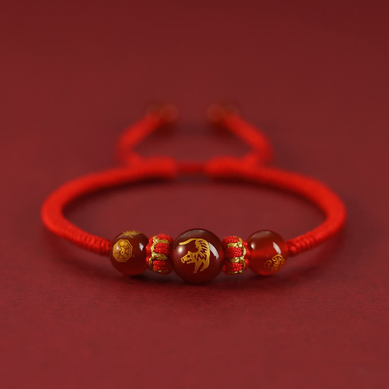 Buddha Stones Handgefertigtes rotes Achat-Schutzarmband mit chinesischem Sternzeichen und roter Schnur, geflochten