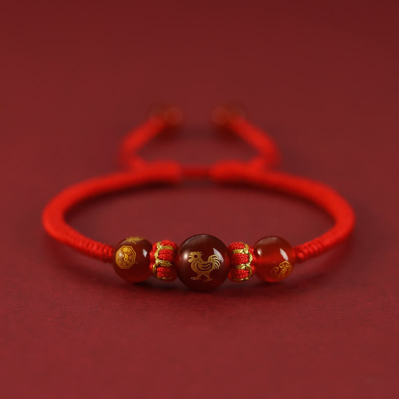 Buddha Stones Handgefertigtes rotes Achat-Schutzarmband mit chinesischem Sternzeichen und roter Schnur, geflochten