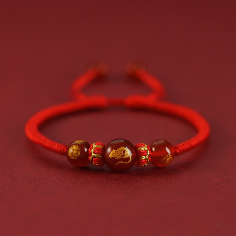 Buddha Stones Handgefertigtes rotes Achat-Schutzarmband mit chinesischem Sternzeichen und roter Schnur, geflochten