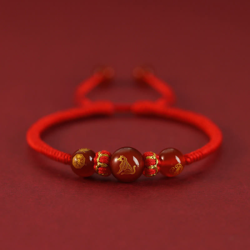 Buddha Stones Handgefertigtes rotes Achat-Schutzarmband mit chinesischem Sternzeichen und roter Schnur, geflochten