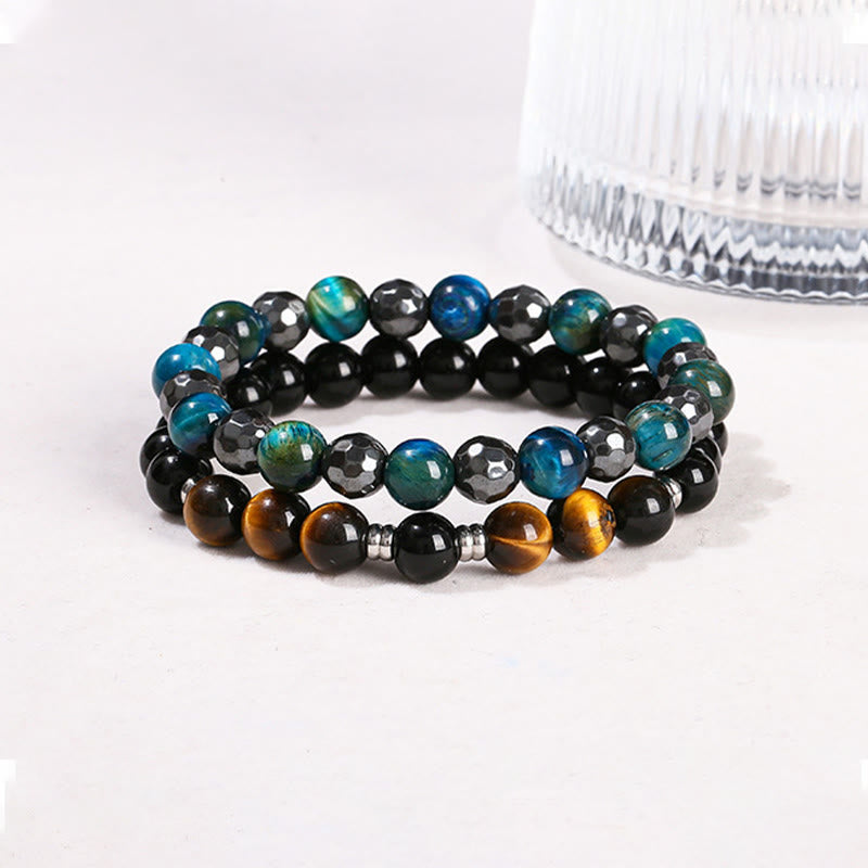 Buddha Stones 2er-Set mit Hämatit-Tigerauge, blauem Tigerauge, kraftvollem Armband