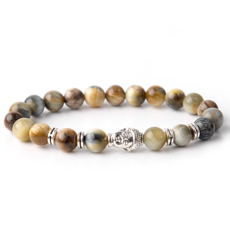 Buddha-Steine, blau, grün, rot, Tigerauge, Buddha-Kopf, Balance-Armband