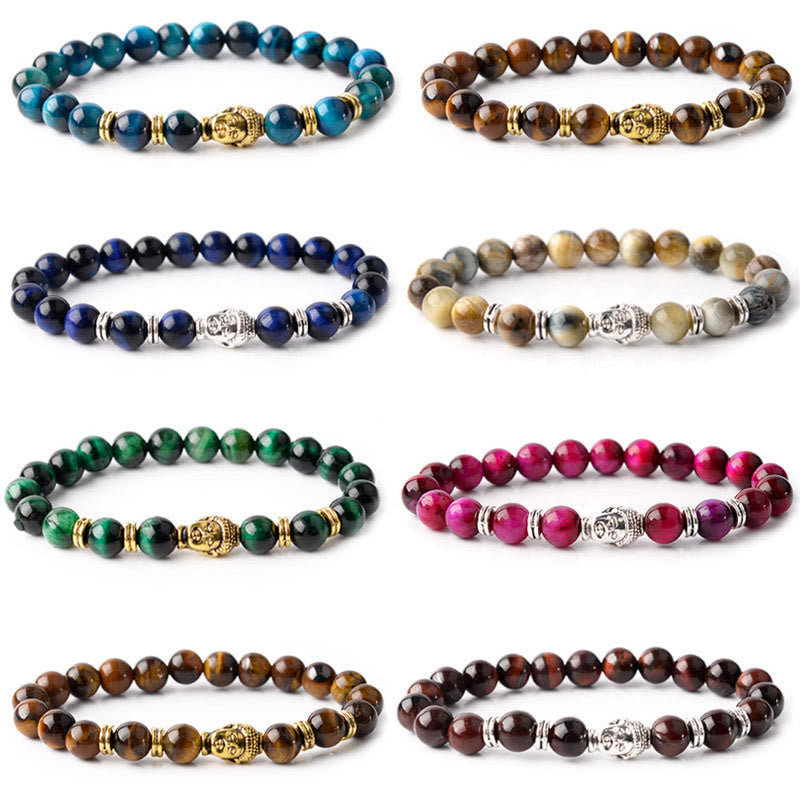 Buddha-Steine, blau, grün, rot, Tigerauge, Buddha-Kopf, Balance-Armband