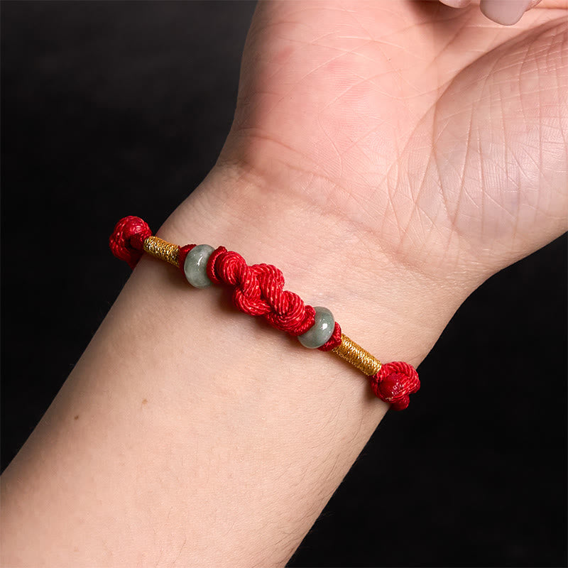 Pulsera trenzada de pareja con nudo de la fortuna y jade rojo con piedras de Buda