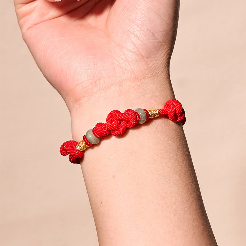 Pulsera trenzada de pareja con nudo de la fortuna y jade rojo con piedras de Buda