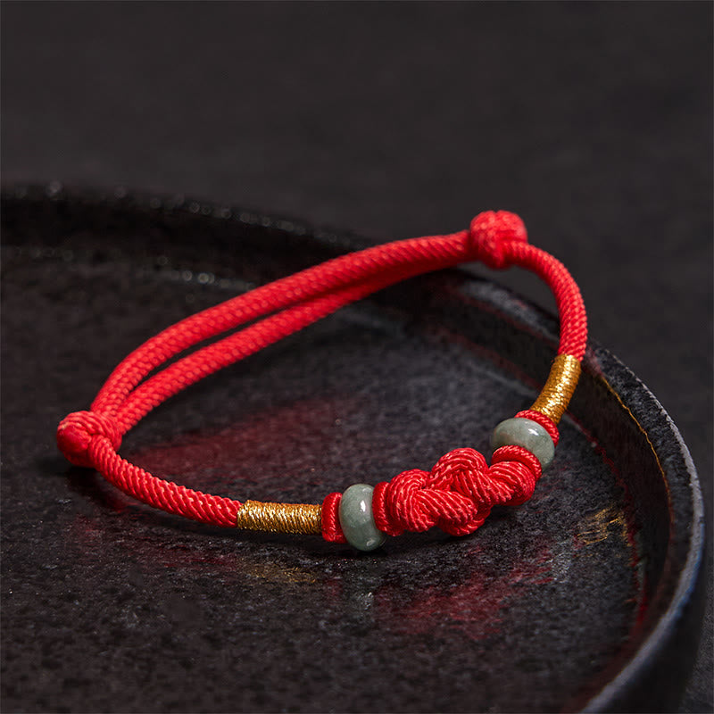 Pulsera trenzada de pareja con nudo de la fortuna y jade rojo con piedras de Buda