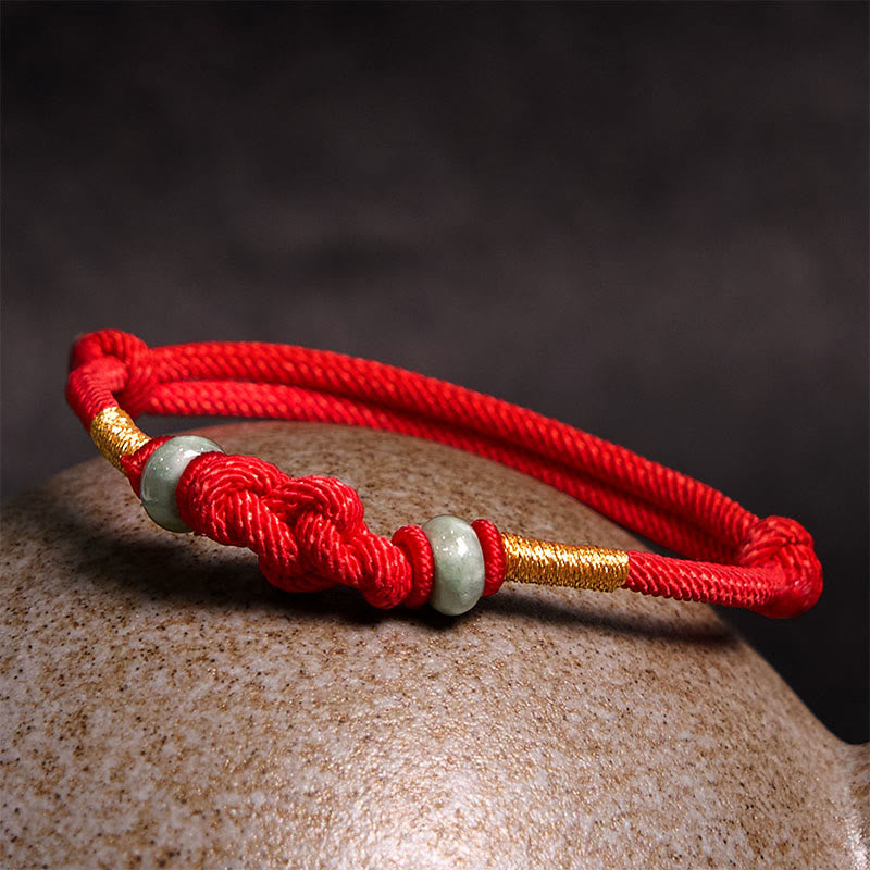 Pulsera trenzada de pareja con nudo de la fortuna y jade rojo con piedras de Buda