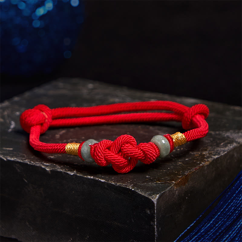 Pulsera trenzada de pareja con nudo de la fortuna y jade rojo con piedras de Buda