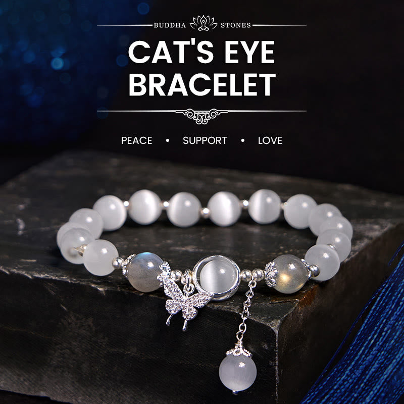 Pulsera de soporte con dije de estrella y mariposa con piedra lunar y ojo de gato de Buddha Stones