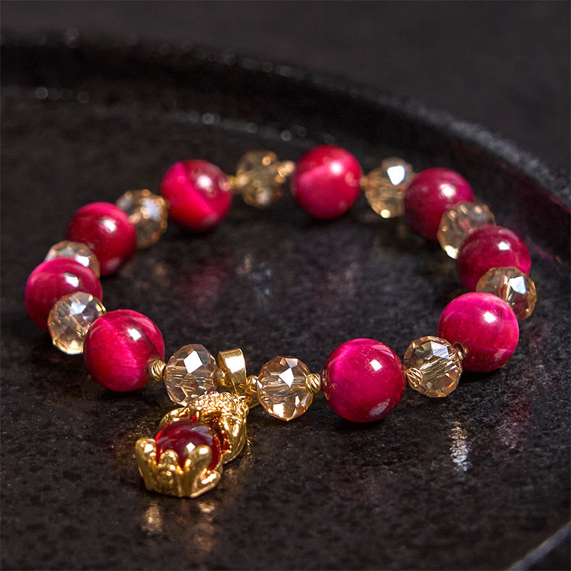 Pulsera de Buda con piedras de ojo de tigre rojo y zorro Pixiu para la protección y la confianza