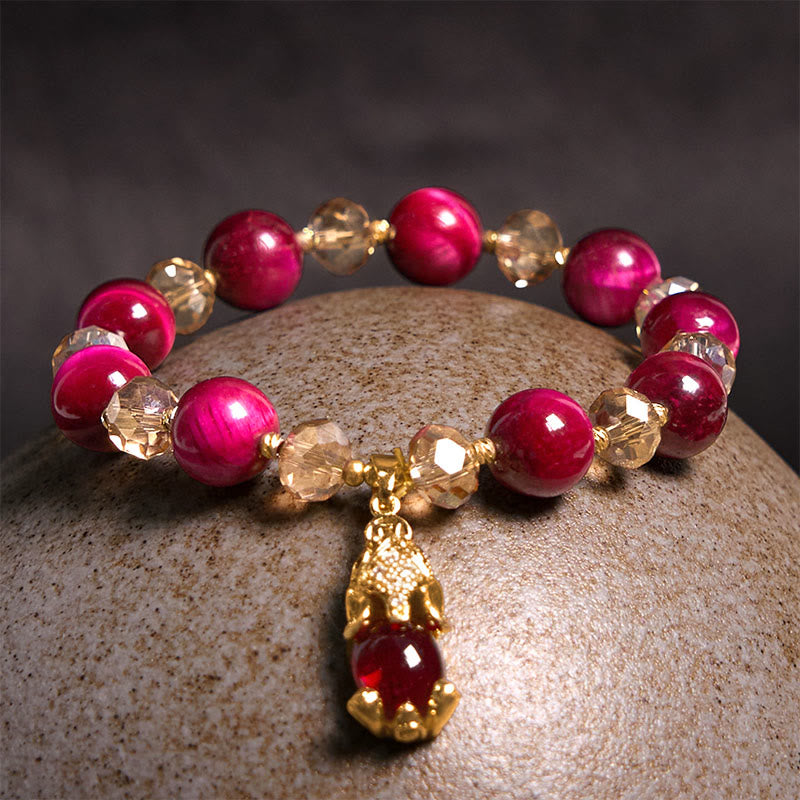 Pulsera de Buda con piedras de ojo de tigre rojo y zorro Pixiu para la protección y la confianza