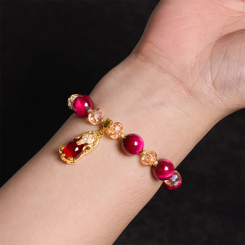 Pulsera de Buda con piedras de ojo de tigre rojo y zorro Pixiu para la protección y la confianza