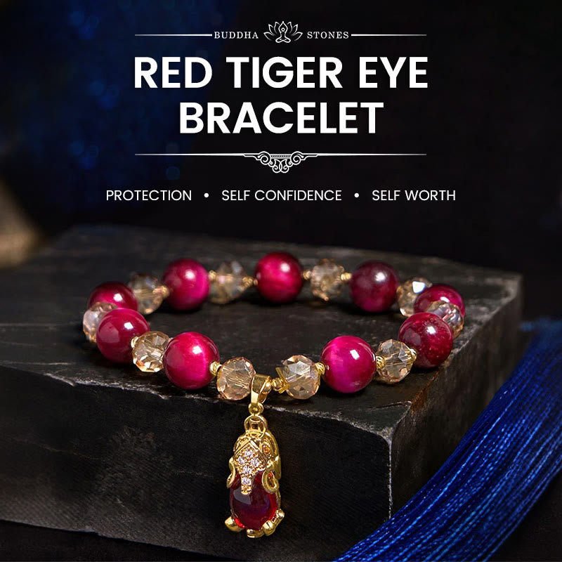 Pulsera de Buda con piedras de ojo de tigre rojo y zorro Pixiu para la protección y la confianza