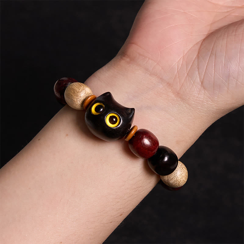 Pulsera de protección con piedras de Buda, hoja pequeña, sándalo rojo, madera de ébano y gato grabado