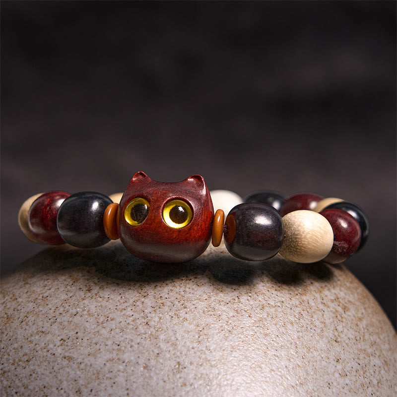 Pulsera de protección con piedras de Buda, hoja pequeña, sándalo rojo, madera de ébano y gato grabado