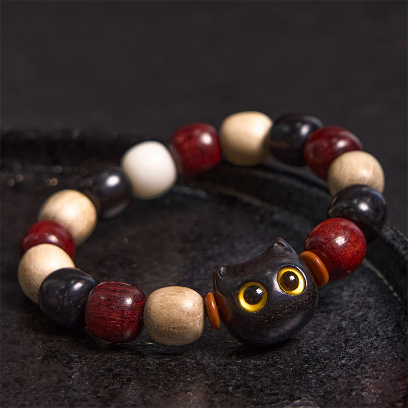 Pulsera de protección con piedras de Buda, hoja pequeña, sándalo rojo, madera de ébano y gato grabado