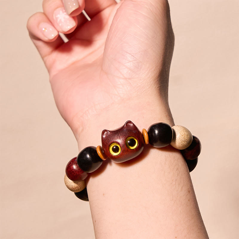 Pulsera de protección con piedras de Buda, hoja pequeña, sándalo rojo, madera de ébano y gato grabado