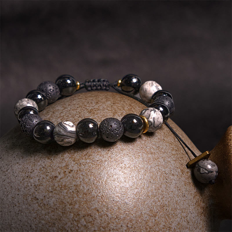Pulsera de piedra de lava de obsidiana negra con piedras de Buda y fuerza Yin Yang