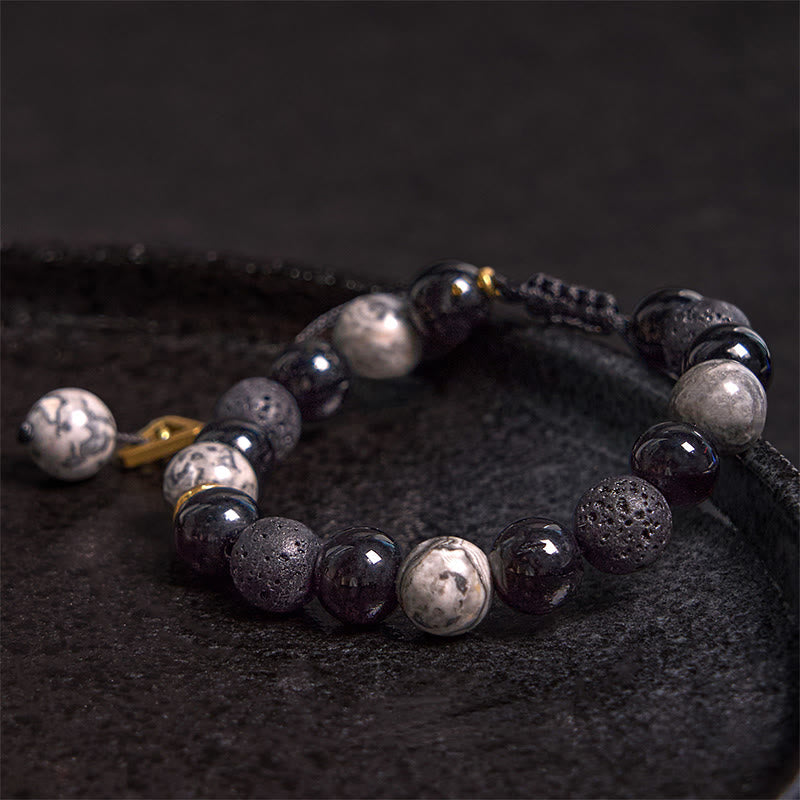 Pulsera de piedra de lava de obsidiana negra con piedras de Buda y fuerza Yin Yang