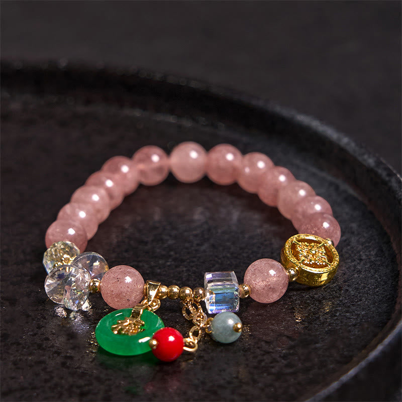 Pulsera curativa con dijes de jade fu y cuarzo fresa de Buda