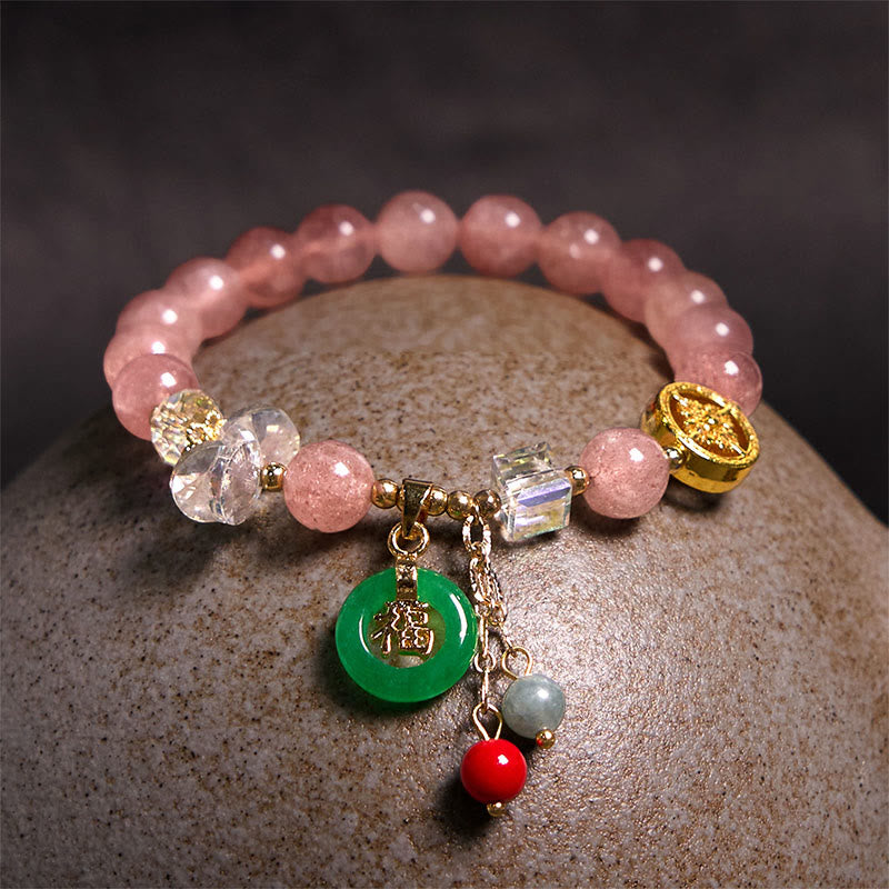 Pulsera curativa con dijes de jade fu y cuarzo fresa de Buda