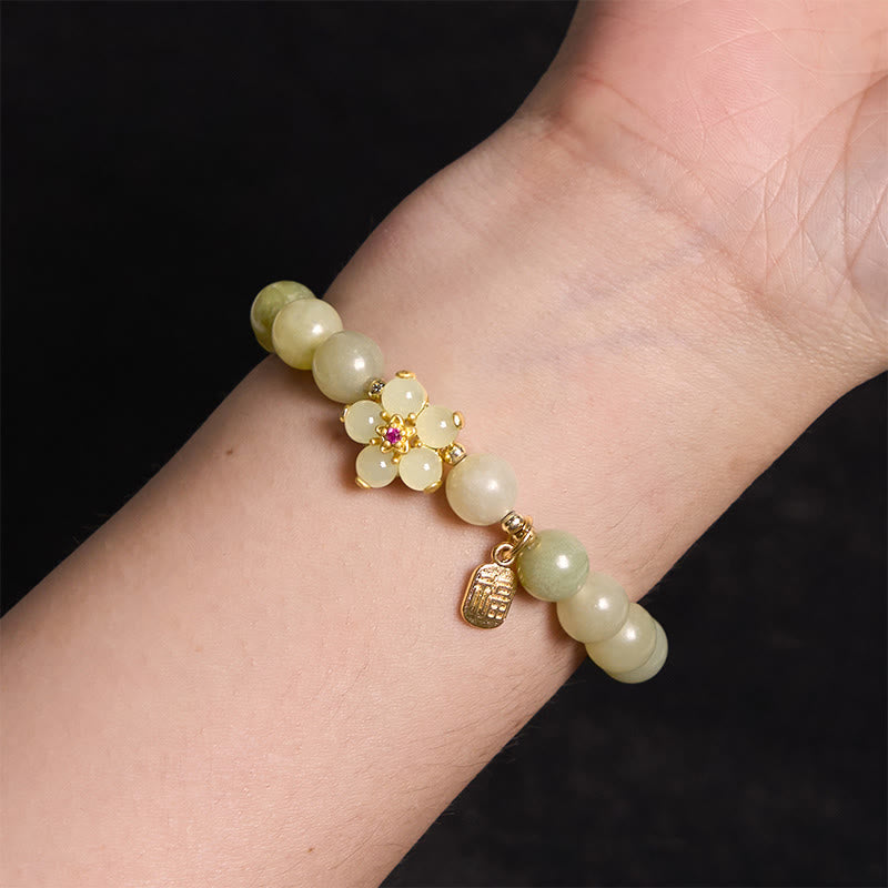 Pulsera de la suerte con amuleto de la suerte con flor de jade verde y piedras de Buda