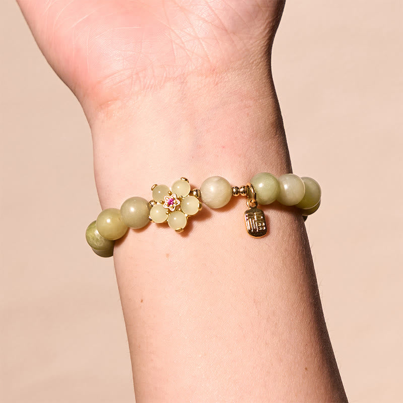 Pulsera de la suerte con amuleto de la suerte con flor de jade verde y piedras de Buda