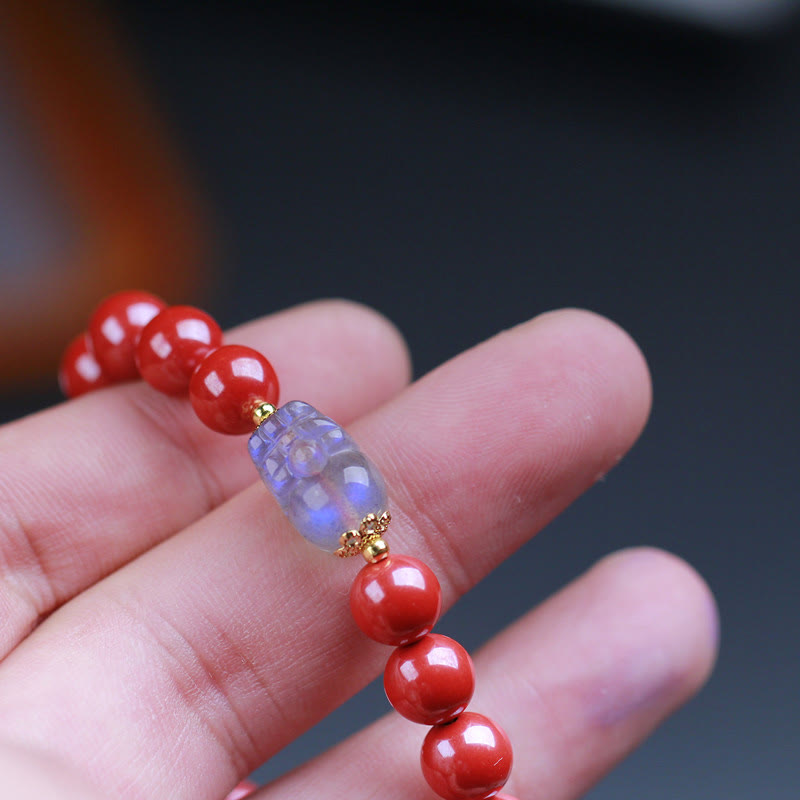 Pulsera de bendición PiXiu de piedra lunar y cinabrio con piedras de Buda
